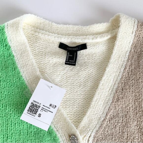 Forever 21 Cream/Mint Green/Beige Button Up Casual Fall Cardigan Sweater Small - Picture 2 of 9